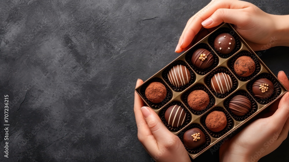Aufkleber a woman's hands holding a box of chocolates on a dark background with space for a text or an image t