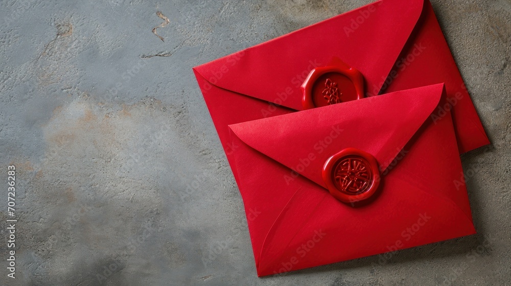 Poster a close up of a red envelope with a wax stamp on the front of it and a wax stamp on the back of the 