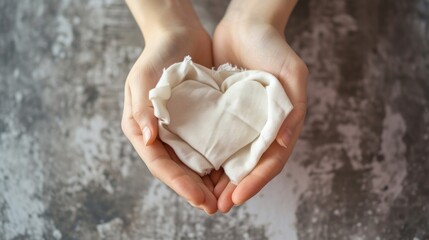  a person holding a cloth in their hands with a heart shaped piece of cloth in the middle of the palm of their hands, on a grungy background. - obrazy, fototapety, plakaty