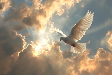 White dove as a symbol of peace flying against the backdrop of fire and explosions.A white dove with wings wide open in the blue sky air with clouds and sunbeams. - obrazy, fototapety, plakaty
