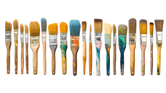 Many used brushes with paint residues, painting equipment, isolated