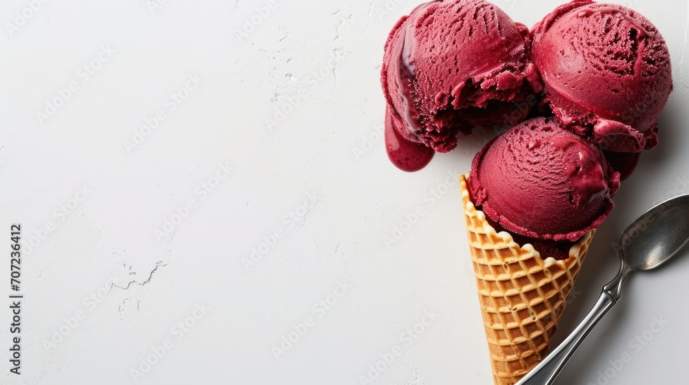Poster three scoops of red ice cream in a waffle cone on a white surface with a spoon next to it and a spoo
