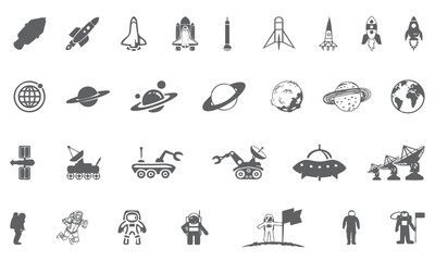 Black and white Space icon pack. Space glyph collection