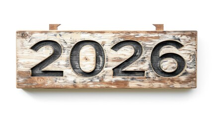 Silvester New Year, New Year's Eve 2026 party event celebration holiday greeting card template - Wooden rustic board with wood 3d year number, isolated on transparent background png, letterpress