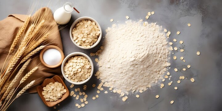 Oat products from flakes, milk, flour and whole grains top view. Healthy food, vegetarian diet concept.