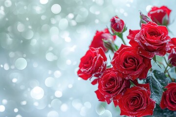 Fresh Red Roses with Dew Drops, Romantic Floral Background