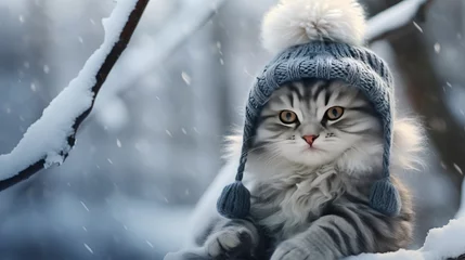 Tuinposter A fluffy cute cat in a knitted hat is sitting in the snow. The background of a snowy winter. The concept of pets. © Cherkasova Alie