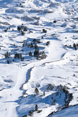 aerial photography of a ski slope from a drone with skiers in the snowy mountains. pyrenees
