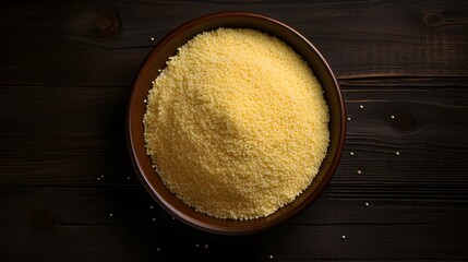 Raw couscous in bowl on dark wooden background from above - obrazy, fototapety, plakaty