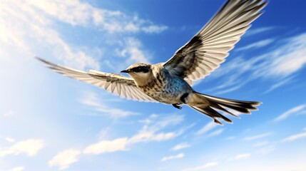 A close-up shot of a sandbird in mid-flight, its wings outstretched against a backdrop of clear blue skies.