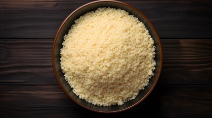 Raw couscous in bowl on dark wooden background from above