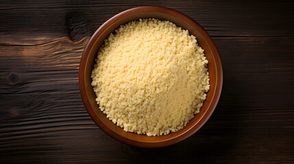 Raw couscous in bowl on dark wooden background from above