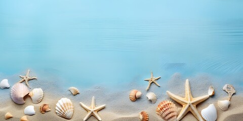 Fototapeta na wymiar Seashell, starfish and beach sand on blue background. Summer holiday concept. Top view and flat lay.