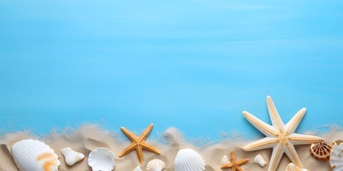 Fototapeta na wymiar Seashell, starfish and beach sand on blue background. Summer holiday concept. Top view and flat lay.