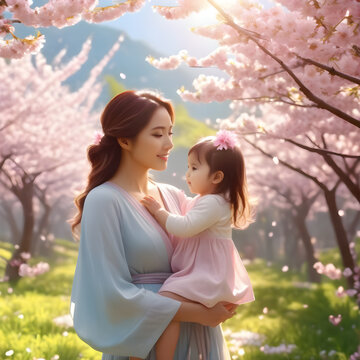 Adorable baby and mother in the cherry blossom season
