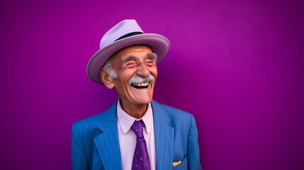 stylish senior man wearing blue suit and hat against purple wall - cheerful elderly male laughing