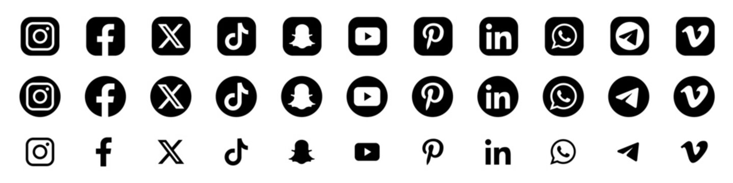 Facebook, x, instagram, youtube, tiktok, snapchat, pinterest, whatsap, linkedin. Collection of popular media icons. Editorial vector. Vinnitsa, Ukraine - September 11, 2024