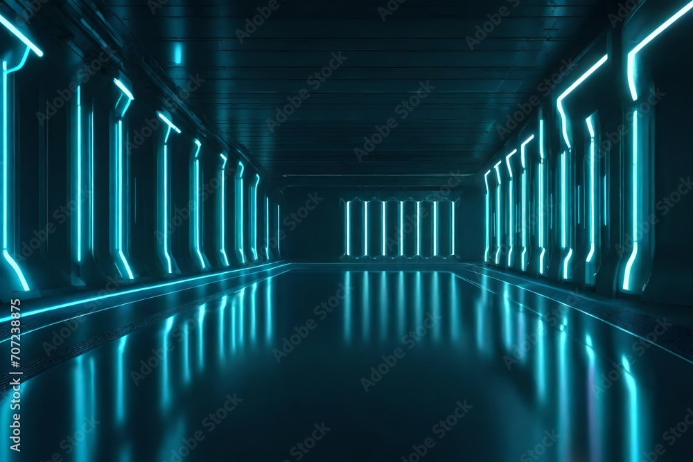 Poster sci-fi neon glowing lamps illuminating a dark tunnel, with reflections on the floor and walls creati