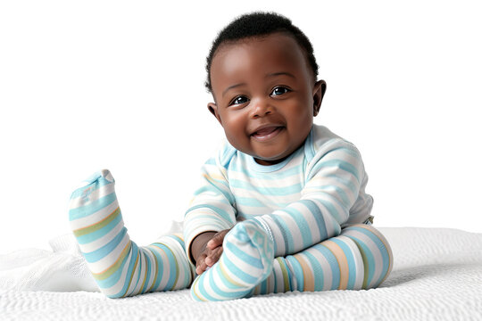 Portrait studio of young adorable African baby with happy smile isolated on transparent background.