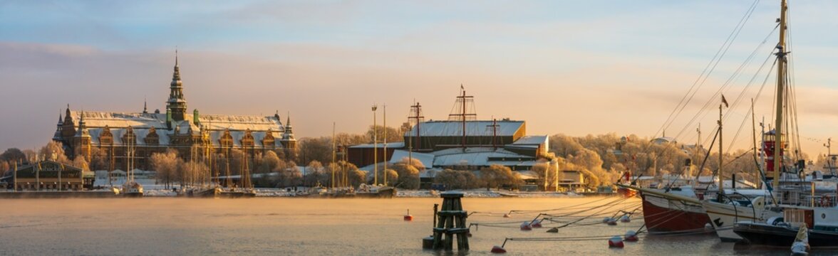 Panorama of The Nordic Museum, Wasa Museum and parts of Gr&ouml;na Lund on a very cold and sunny winter morning, Stockholm. Sweden
