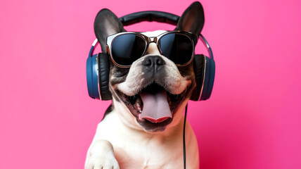 french bulldog with headphones and sunglasses loves music pink backdrop - obrazy, fototapety, plakaty