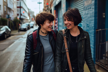 Two young women sharing a joyful moment while walking on an urban street, symbolizing lesbian love and connection