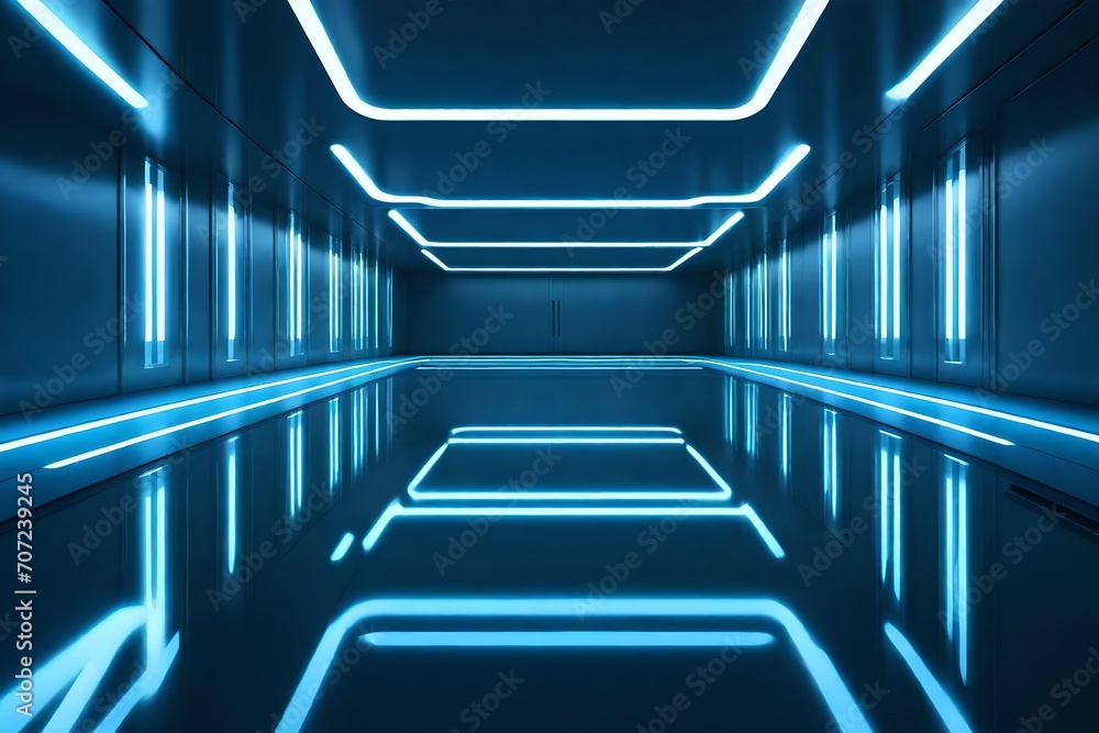 Poster a dark corridor illuminated by white neon lights, with reflections casting intriguing patterns on th