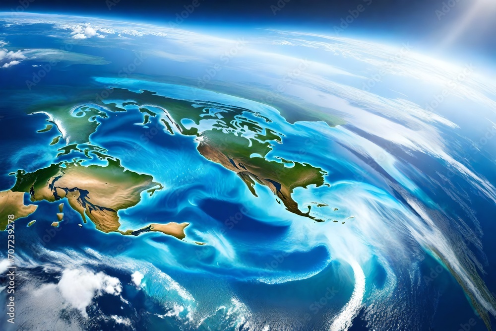 Poster earth from space, showcasing a breathtaking view of the planet with its majestic blue oceans and int