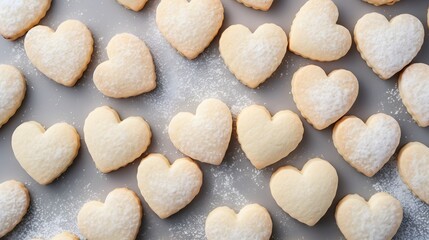 Fototapeta na wymiar Sweet baking for Valentines day. Shortbread cookies in shape of heart top view.