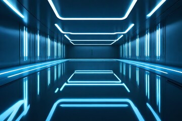 A dark corridor illuminated by white neon lights, with reflections casting intriguing patterns on the floor and walls. 