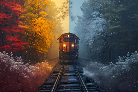 Gleiswechsel der Jahreszeiten: Schienen durchqueren verschiedene Landschaften von Sommer bis Winter