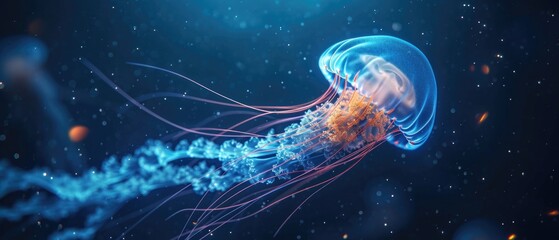 A Captivating Image Featuring A Jellyfish Glowing In The Deep Blue Ocean. Сoncept Underwater Photography, Bioluminescent Creatures, Mesmerizing Jellyfish, Deep Sea Wonders, Glowing Ocean Exploration
