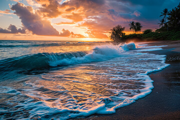 serene beach at sunset, with gentle waves crashing against the shore and a colorful sky painted with hues of orange, pink, and purple