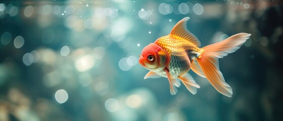 A Dazzling Goldfish Gracefully Swims In A Crystalclear Tank, Catching The Light. Сoncept Aquatic Beauty, Goldfish Serenity, Crystal Clear Tranquility, Captivating Light Reflections