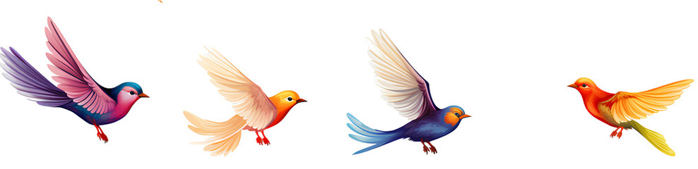 Set of colorful flying birds on transparent background PNG.