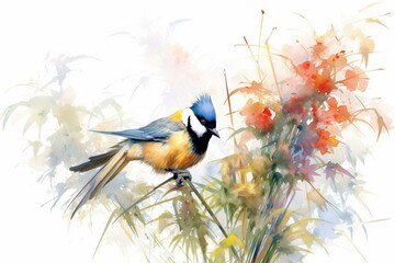 Bird in colorful flower arrangement with bamboo and watercolor painting. Generative AI