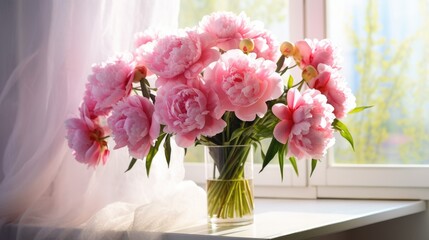 A bouquet of pink peonies in a vase on the windowsill for congratulations on Mother's Day, Valentine's Day, Women's Day. Romantic background and greeting card.