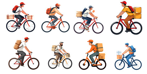 Set of delivery workers riding bicycles on transparent background PNG.