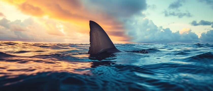 A Majestic Shark Fin Breaks The Surface, Juxtaposed Against A Cloudy Sky. Сoncept Shark Fin In The Sky, Majestic Ocean Predator, Cloudy Aquatic Encounter