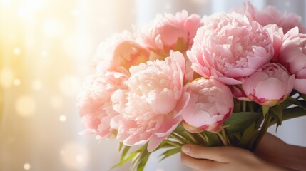 Women's hands holding a bouquet of pink peonies for congratulations on Mother's Day, Valentine's Day, women's Day. Blurred background.