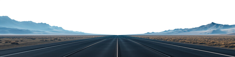Fototapeta na wymiar Daytime Highway. Mountain range. 1st person point of view. Extra wide panoramic angle view. Premium pen tool cutout transparent background PNG.