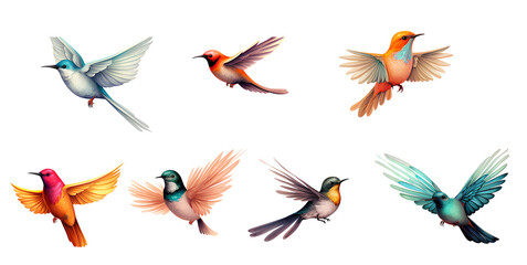 Obraz na płótnie Canvas Set of colorful flying birds on transparent background PNG.