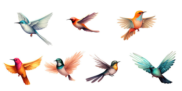 Set of colorful flying birds on transparent background PNG.