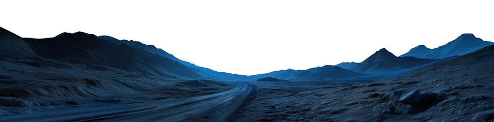 Night desert landscape with a small dirt road path leading to the distant mountain range. Rocky arid and barren terrain. Blue muted night hues. Premium pen tool cutout transparent background PNG. - obrazy, fototapety, plakaty