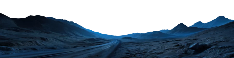 Photo sur Plexiglas Paysage fantastique Night desert landscape with a small dirt road path leading to the distant mountain range. Rocky arid and barren terrain. Blue muted night hues. Premium pen tool cutout transparent background PNG.