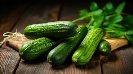 Fresh cucumbers on a wooden background. Summer harvest, a place for text. Vegetables are rich in vitamins. Healthy eating.