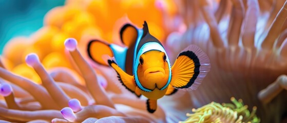 Closeup Of A Vibrant Clownfish Swimming Among Colorful Anemones. Сoncept Underwater Exploration, Marine Life, Tropical Reefs, Close-Up Photography