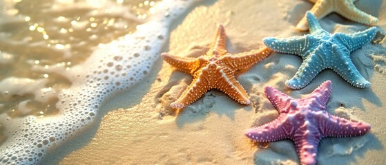 Fototapeta na wymiar Colorful Starfish Rest Peacefully Upon Sandy Beach, Basking Under Warm Sunlight. Сoncept Beach Day Essentials, Relaxing In The Sun, Enjoying The Beach Life, Vibrant Starfish Decor, Serene Beach Vibes