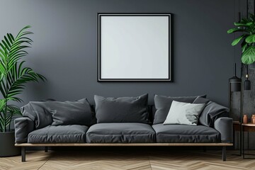 Japanese style home interior design of modern living room. Grey sofa with black cushions against wall with poster frame.