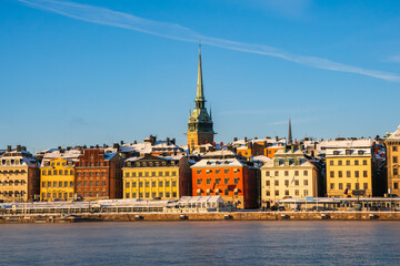 A cold sunny winter morning in Stockholm, with the historic buildings of the old town  (gamla stan)...